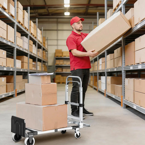Heavy Duty Three In One Convertible Hand Truck Dolly Cart Built With Tough Rubber Wheels And Smart Swivel Casters For Hassle Free Freight Moving And Easy Warehouse Hauling Up To Six Hundred Pounds Capacity