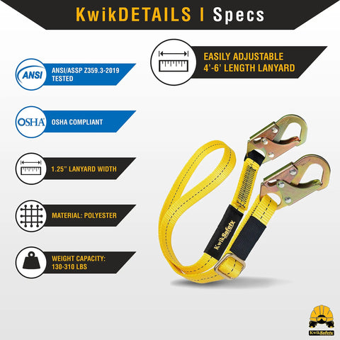 Copperhead Positioning Lanyard 4 To 6 Ft Adjustable No Shock Absorber ANSI OSHA Rated with durable 1.25 inch polyester webbing