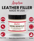 Leather Repair Filler For Holes Tears And Scratches In Leather Car Seats Furniture And Shoes DIY Friendly Flexible And Paintable For Seamless Repairs Made In USA 2 Fl Oz in a jar.