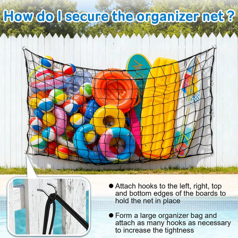 Big Pool Float Storage Net With 20 Hooks And Storage Bag hanging on fence filled with colorful floats, rings, and inflatables