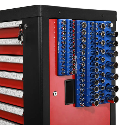 Magnetic Socket Organizer Tray Set For One Quarter, Three Eighths, And One Half Inch Drive Sockets, 75 Slot Capacity, mounted on tool chest