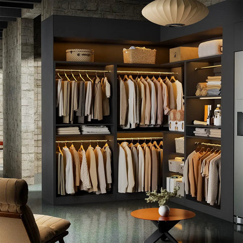 Kick Your Storage Game Up A Notch With This Heavy Duty Wood Corner Closet System Featuring Six Hanging Rods And Two Modular Towers To Build A Spacious L Shaped Freestanding Wardrobe In Sleek Black Finish, showcasing neatly organized clothing.