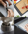 Non Adhesive Anti Slip Mat That Actually Grips Your Gear For Everyday Setup Multi Purpose Non Slip Pad For Countertops Desks Tables And Workspaces Desk Mat Drawer Liner Laptop Pad And More Black 8 By 12 Inches shown in multiple uses