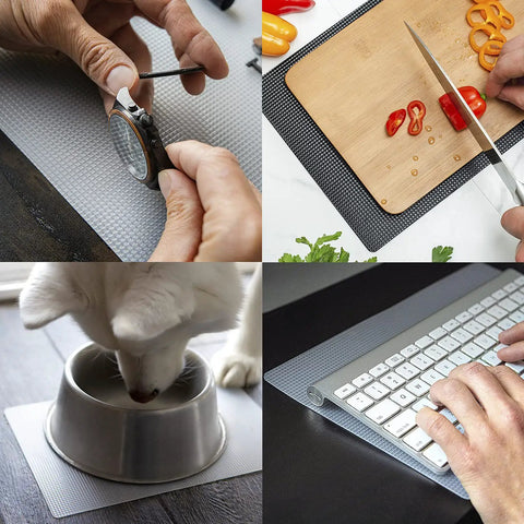Non Adhesive Anti Slip Mat That Actually Grips Your Gear For Everyday Setup Multi Purpose Non Slip Pad For Countertops Desks Tables And Workspaces Desk Mat Drawer Liner Laptop Pad And More Black 8 By 12 Inches shown in multiple uses