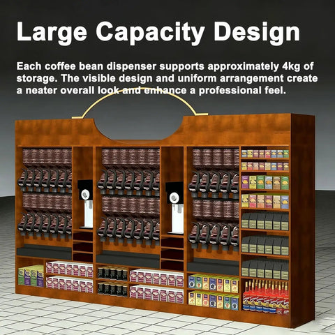 Large capacity design of Top Shelf Coffee Bean Dispenser Duo Pack for Kitchen And Cafe Counter with multiple compartments.