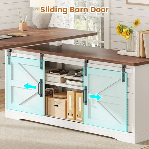 L Shaped Standing Desk With Storage Drawers And Power Outlets, 55 Inch Height Adjustable Corner Desk With Sliding Barn Door