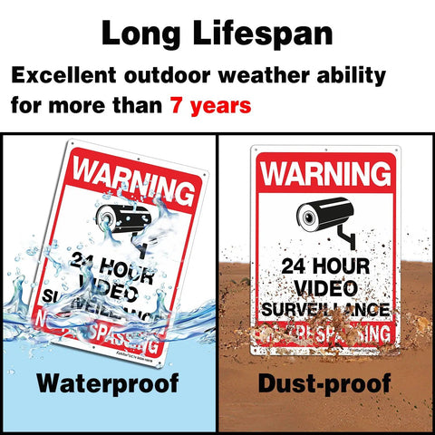 Built Tough 10 By 7 Inch No Trespassing Video Surveillance Sign showcasing waterproof and dust-proof features.