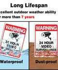 Tough As Nails Video Surveillance Sign And No Trespassing Warning Plaque For Outdoor Security showing waterproof and dust-proof features.