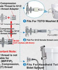 Illustration of Brass Angle Stop Add A Tee Valve For Bidet Sprayer Systems showing connection details to toilet and bidet.