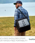 Man carrying Portable Electric Cooler Bag And Thermoelectric Travel Fridge With 18 Liter Soft Sided Build DC 12 Volt Car Plug Case.