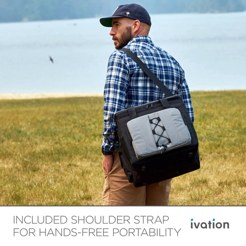 Man carrying Portable Electric Cooler Bag And Thermoelectric Travel Fridge With 18 Liter Soft Sided Build DC 12 Volt Car Plug Case.