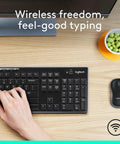MK270 Wireless Keyboard And Mouse Combo For Windows Two Point Four GHz USB Receiver No Fuss Setup shown in use on desk