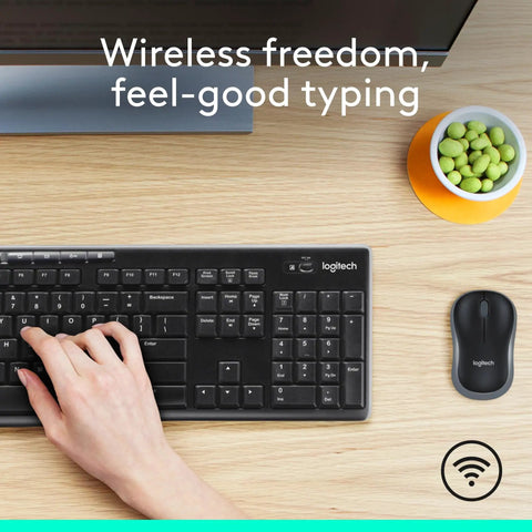 MK270 Wireless Keyboard And Mouse Combo For Windows Two Point Four GHz USB Receiver No Fuss Setup shown in use on desk