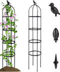 6Ft Adjustable Garden Obelisk Trellis With Four Rings And Decorative Tops Dope Rustproof Black Metal Plant Support For Roses Tomatoes Clematis And Climbing Vines In Pots Or Garden showing two obelisks and decorative toppers