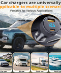 Heavy Duty 12 Volt And 24 Volt Vehicle Power Adapter For Compact Satellite Terminals With Ten Foot Waterproof Wire Harness And Dual Fast Charge USB Ports, shown in a multi-application setting with different vehicles.