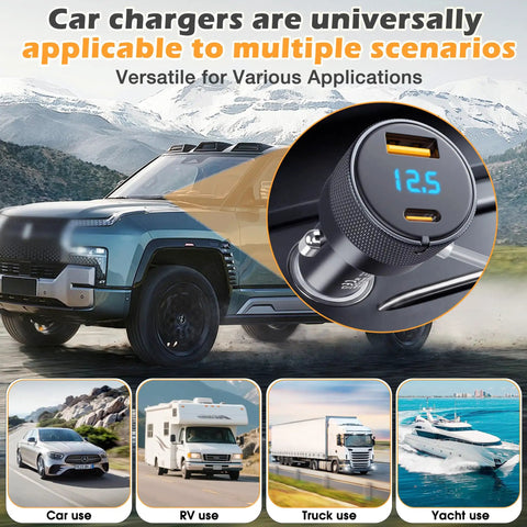 Heavy Duty 12 Volt And 24 Volt Vehicle Power Adapter For Compact Satellite Terminals With Ten Foot Waterproof Wire Harness And Dual Fast Charge USB Ports, shown in a multi-application setting with different vehicles.