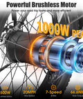 Beast 1000W Peak Fat Tire Electric Mountain Bike motor detail, showcasing powerful 1000W peak brushless motor with 20 MPH speed capability.