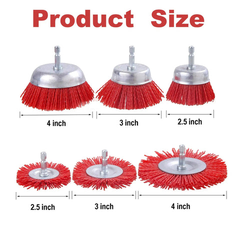 10 Pack Nylon Filament Wheel And Cup Brush Set with 1/4 inch hex shank, various sizes displayed for rust and paint removal.