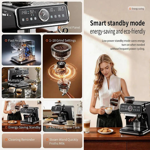 Premium Full Automatic Espresso Coffee Machine With Built In Grinder And 20 Bar Pressure For Smooth Cappuccino Latte Making That Hits Different At Your Daily Morning Routine control panel and coffee preparation process.