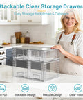 Clear Acrylic Stackable Storage Drawers 4 Pack Sleek Kitchen Cabinet Organizers on countertop for easy access and organization.