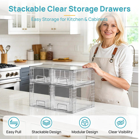 Clear Acrylic Stackable Storage Drawers 4 Pack Sleek Kitchen Cabinet Organizers on countertop for easy access and organization.