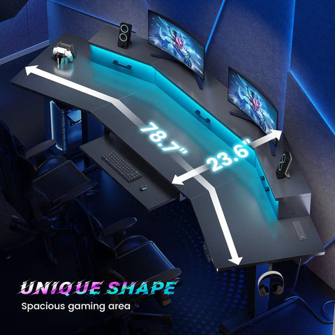 79 Inch Electric Standing Gaming Desk With Drawers And LED Lights Height Adjustable Computer Desk With Power Outlet