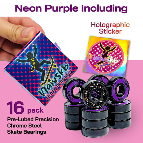 Naivskb skate bearings, 16-pack, 8mm, chrome steel, neon purple and black