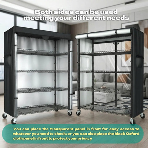 Heavy Duty Wire Shelving Unit With Wheels And 600D Oxford Cover, 36-Inch By 18-Inch By 72-Inch, Upward Facing Safety Wave Edge Design, Sturdy 19mm Metal Rods And Reinforced Panels For Stable Garage Storage. Side view with transparent and Oxford cover panels on wheels