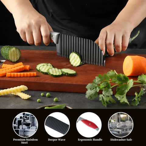 Crinkle cutter knife with stainless steel wave blade and gray ergonomic handle slicing cucumber on cutting board