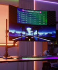 Rock Solid Dual Monitor Desk Mount Designed For Ultrawide Screens With Smooth Gas Spring Arms displaying a gaming leaderboard.