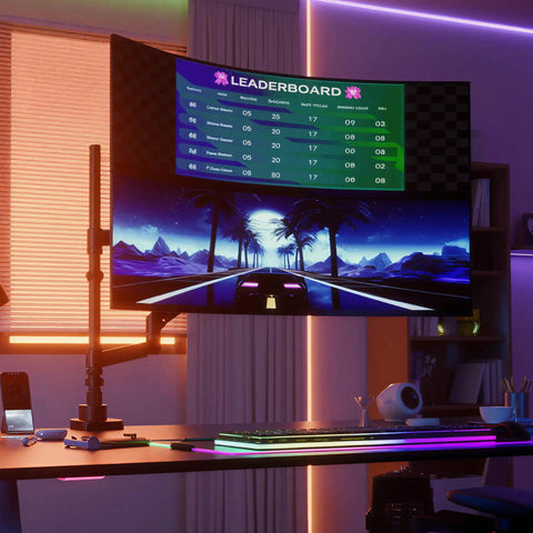 Rock Solid Dual Monitor Desk Mount Designed For Ultrawide Screens With Smooth Gas Spring Arms displaying a gaming leaderboard.