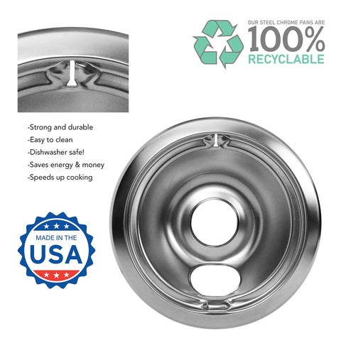 Replacement Chrome Drip Pan Set For GE And Hotpoint Electric Ranges With Locking Slots Includes 2 6 Inch And 2 8 Inch Pans 4 Pack WB31T10010 WB31T10011 shown with recycling symbols and durability features