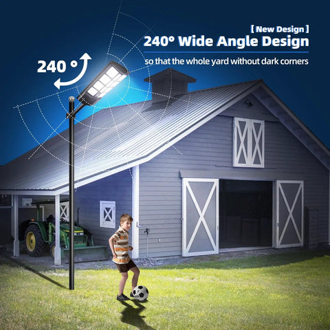 Solar Powered Outdoor Street Light Dusk To Dawn With 3 Modes Motion Sensor And Remote Control illuminating a barnyard.