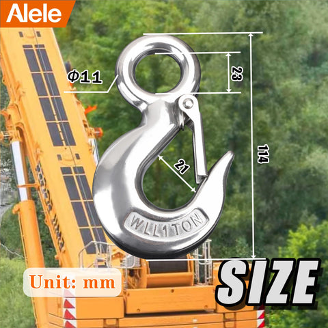 Built Tough Heavy Duty Grab Hooks 1 Ton Lift Hook With Spring Loaded Latch For Rigging And Load Securement Slip Hook Accessory Up To 2204 Pounds 304 Stainless Steel Lifting And Unloading Goods against construction equipment backdrop.