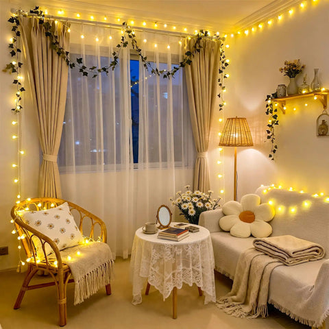 Room decorated with 100 LED Globe String Lights Indoor Outdoor 33ft Warm White With Remote Connectable Fairy Lights