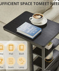 C Shaped End Table With Three Tiers And Storage Bag Easily Slides Under Sofa Or Bed Space Saving Couch Table holding coffee and book