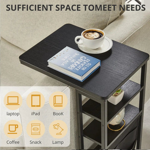 C Shaped End Table With Three Tiers And Storage Bag Easily Slides Under Sofa Or Bed Space Saving Couch Table holding coffee and book