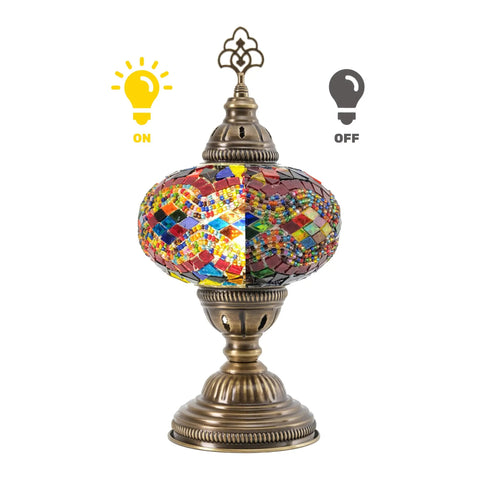 Moroccan Turkish Mosaic Glass Lamp For Bedside And Desk, Handmade Vintage Style Light With Colorful Glass Beads, E12 Socket, On and Off display