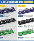 Magnetic Socket And Wrench Organizer Tray Set With Nine Piece That Sticks Like Crazy Three Color Socket Tray for metric and SAE sizes