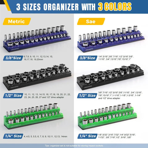 Magnetic Socket And Wrench Organizer Tray Set With Nine Piece That Sticks Like Crazy Three Color Socket Tray for metric and SAE sizes