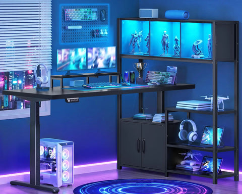 Full On Game Changer Electric Dual Motor L Shaped Standing Desk With Extra Storage Hutch One Touch Smooth Lift For Relaxed Posture Flow Perfectly Adjusted Height Range 28 To 45 Inches Anti Collision Safe Working Surface, modern workspace with dual monitors and RGB lighting.