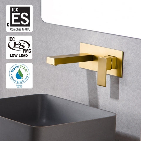 Brushed Gold Wall Mount Bathroom Faucet With Single Handle Vessel Sink Faucet Includes Brass Rough In Valve For Quick Install And Slick Dope Modern Bath Upgrade shown installed above a gray sink.