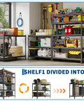 Heavy Duty Metal Shelving Rack With Five Adjustable Levels For A Tough Garage Storage Setup And Workshop Organization, storing tools and supplies.
