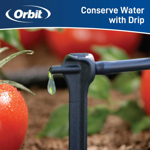 Close-up of Tomato Garden Drip Irrigation System Kit for 10 Plants with Push Connect Fittings watering tomato plant.