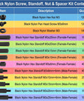 Black Nylon Standoff Kit For PCBs And Motherboards With Spacers Nuts And Washers M3 Hardware 600 Pieces Includes Male And Female Standoffs In 6mm 10mm 15mm 20mm 25mm For DIY Computer Builds parts list