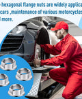 32 Piece Rock Solid Heavy Duty Stainless Steel Hex Flange Locking Nuts M10 X 1.25 Metric Fine Thread Rust Resistant shown used for car maintenance.