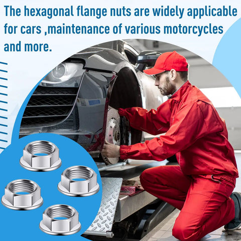 32 Piece Rock Solid Heavy Duty Stainless Steel Hex Flange Locking Nuts M10 X 1.25 Metric Fine Thread Rust Resistant shown used for car maintenance.