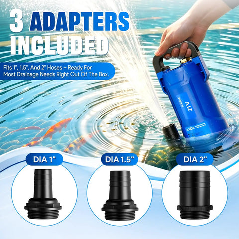 Heavy Hitter Cordless Submersible Utility Pump With 1Hp Brushless Motor Shifts 2113Gph Swiftly showing included hose adapters for drainage.