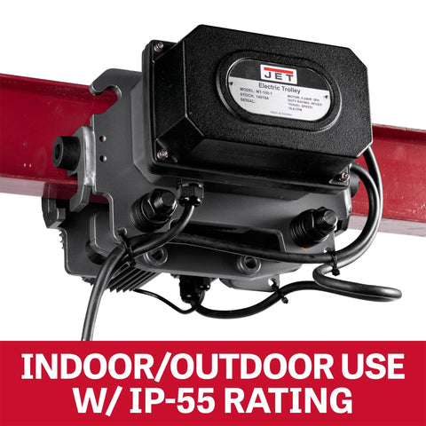 5-Ton Two-Speed Electric Trolley With 0.8 HP Motor, 460V 3-Phase mounted for indoor outdoor use, shown with IP55 rating