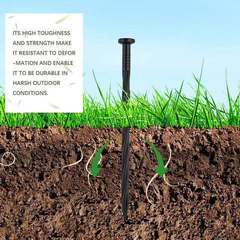 Heavy Duty Landscape Spikes 8 Inch Pack Of 100 For Weed Barrier And Paver Edging, spiral stake shown in soil cross-section